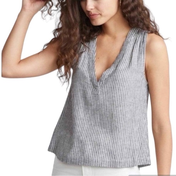 Marine Layer Top Chambray Blue Striped Linen Blend Sleeveless V-Neck Tank Small - Picture 1 of 8